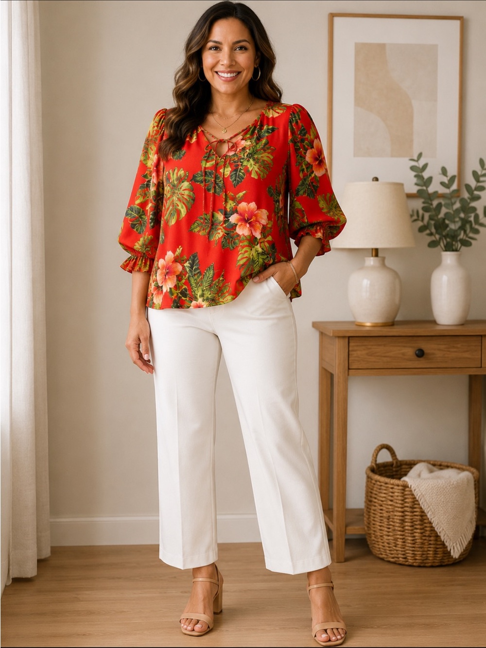 Red Tropical Floral Tie-Neck Blouse